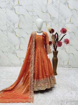 Heavy fendy silk embroidery and sequnce work orange readymade salwar suit 2