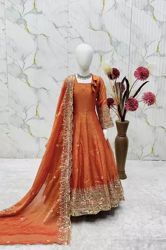 Heavy fendy silk embroidery and sequnce work orange readymade salwar suit