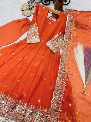 Heavy fendy silk embroidery and sequnce work orange readymade salwar suit 3