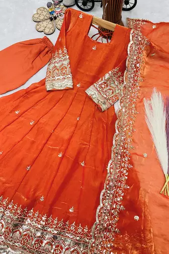 Heavy fendy silk embroidery and sequnce work orange readymade salwar suit