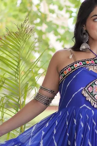 Blue faux georgette leheriya print with kutchi patche work navratri gown
