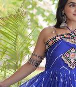 Blue faux georgette leheriya print with kutchi patche work navratri gown