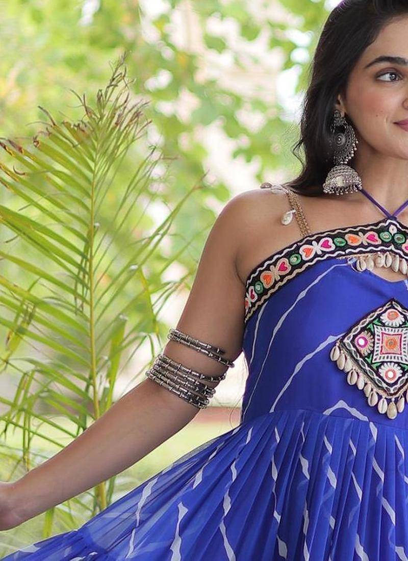 Blue faux georgette leheriya print with kutchi patche work navratri gown