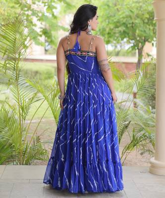 Blue faux georgette leheriya print with kutchi patche work navratri gown 2