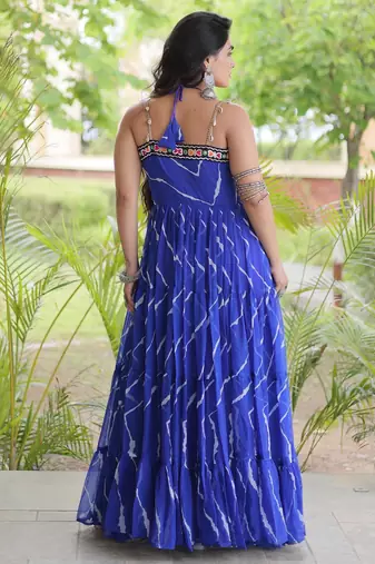 Blue faux georgette leheriya print with kutchi patche work navratri gown