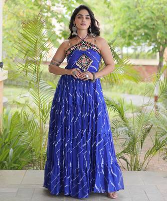 Blue faux georgette leheriya print with kutchi patche work navratri gown 3