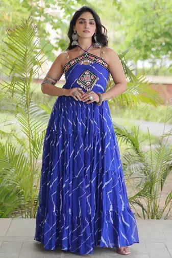 Blue faux georgette leheriya print with kutchi patche work navratri gown