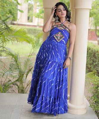 Blue faux georgette leheriya print with kutchi patche work navratri gown 4