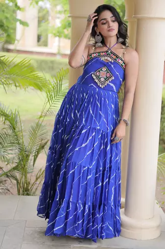 Blue faux georgette leheriya print with kutchi patche work navratri gown