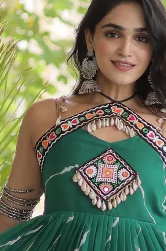 Green faux georgette leheriya print with kutchi patche work navratri gown
