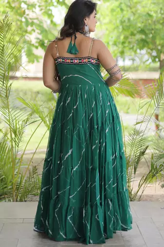 Green faux georgette leheriya print with kutchi patche work navratri gown
