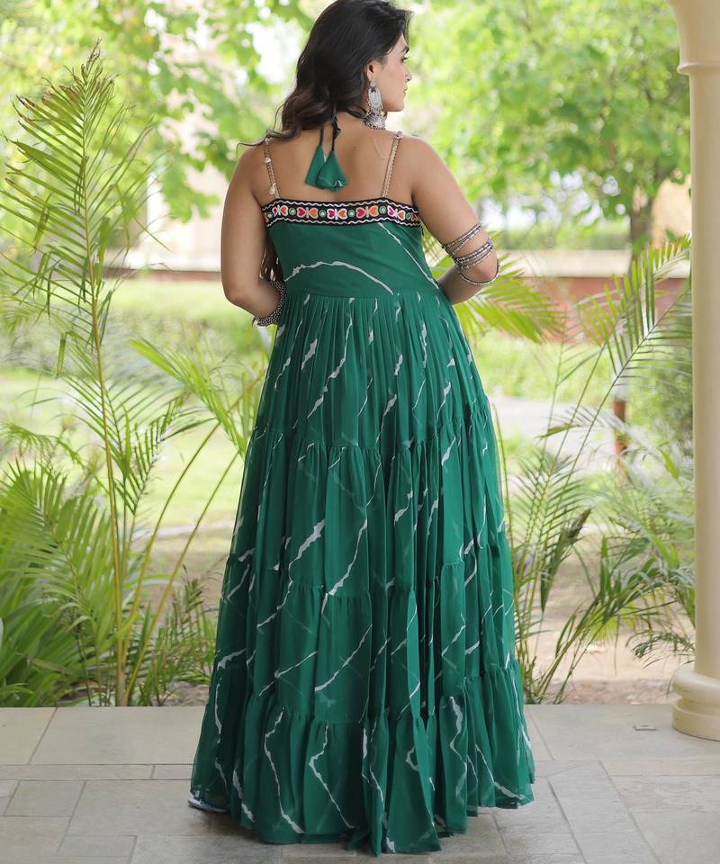 Green faux georgette leheriya print with kutchi patche work navratri gown