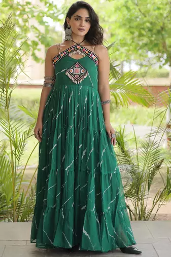 Green faux georgette leheriya print with kutchi patche work navratri gown