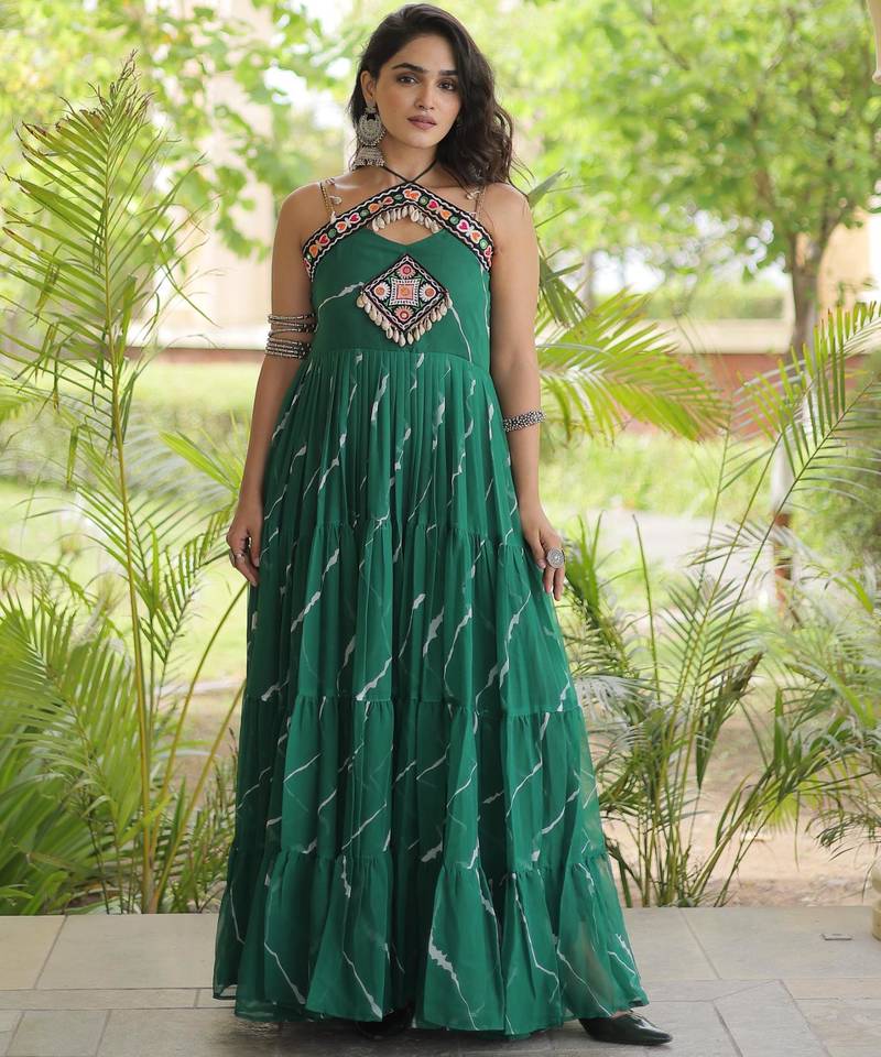 Green faux georgette leheriya print with kutchi patche work navratri gown