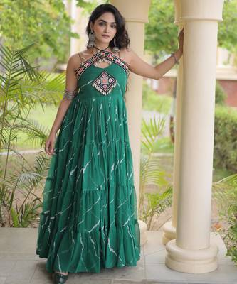 Green faux georgette leheriya print with kutchi patche work navratri gown 1