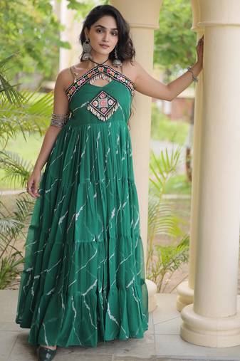 Green faux georgette leheriya print with kutchi patche work navratri gown