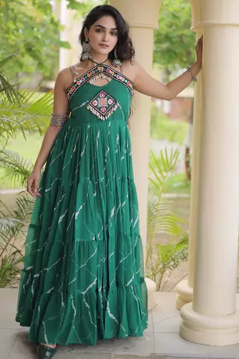 Green faux georgette leheriya print with kutchi patche work navratri gown