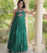 Green faux georgette leheriya print with kutchi patche work navratri gown