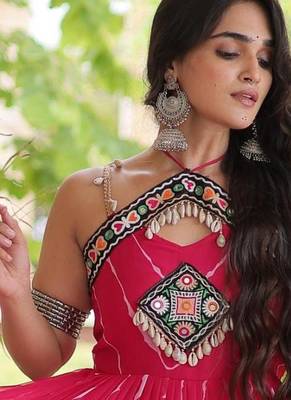 Pink faux georgette leheriya print with kutchi patche work navratri gown 2
