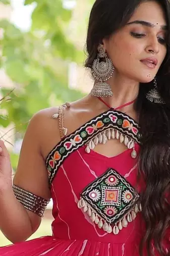 Pink faux georgette leheriya print with kutchi patche work navratri gown