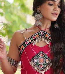 Pink faux georgette leheriya print with kutchi patche work navratri gown
