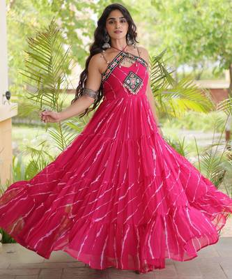 Pink faux georgette leheriya print with kutchi patche work navratri gown 1