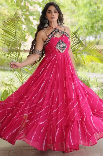 Pink faux georgette leheriya print with kutchi patche work navratri gown