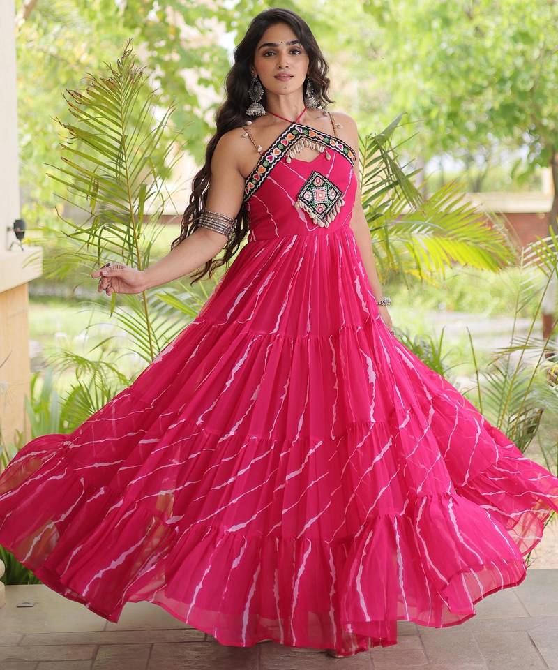Pink faux georgette leheriya print with kutchi patche work navratri gown