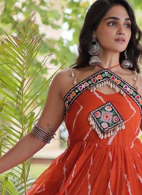 Rust faux georgette leheriya print with kutchi patche work navratri gown 2