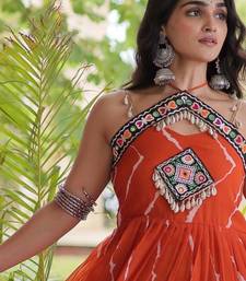 Rust faux georgette leheriya print with kutchi patche work navratri gown