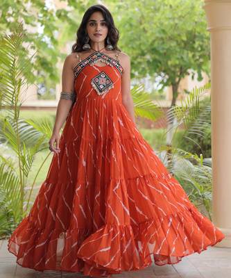 Rust faux georgette leheriya print with kutchi patche work navratri gown 1