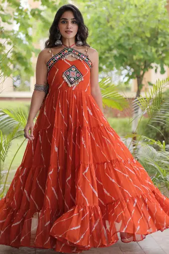 Rust faux georgette leheriya print with kutchi patche work navratri gown