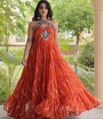 Rust faux georgette leheriya print with kutchi patche work navratri gown