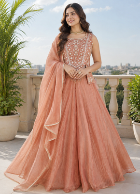 Peach salsa silk blend embroidered sharara set for wedding 1