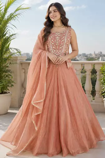 Peach salsa silk blend embroidered sharara set for wedding