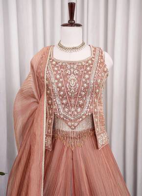 Peach salsa silk blend embroidered sharara set for wedding 2