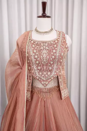 Peach salsa silk blend embroidered sharara set for wedding