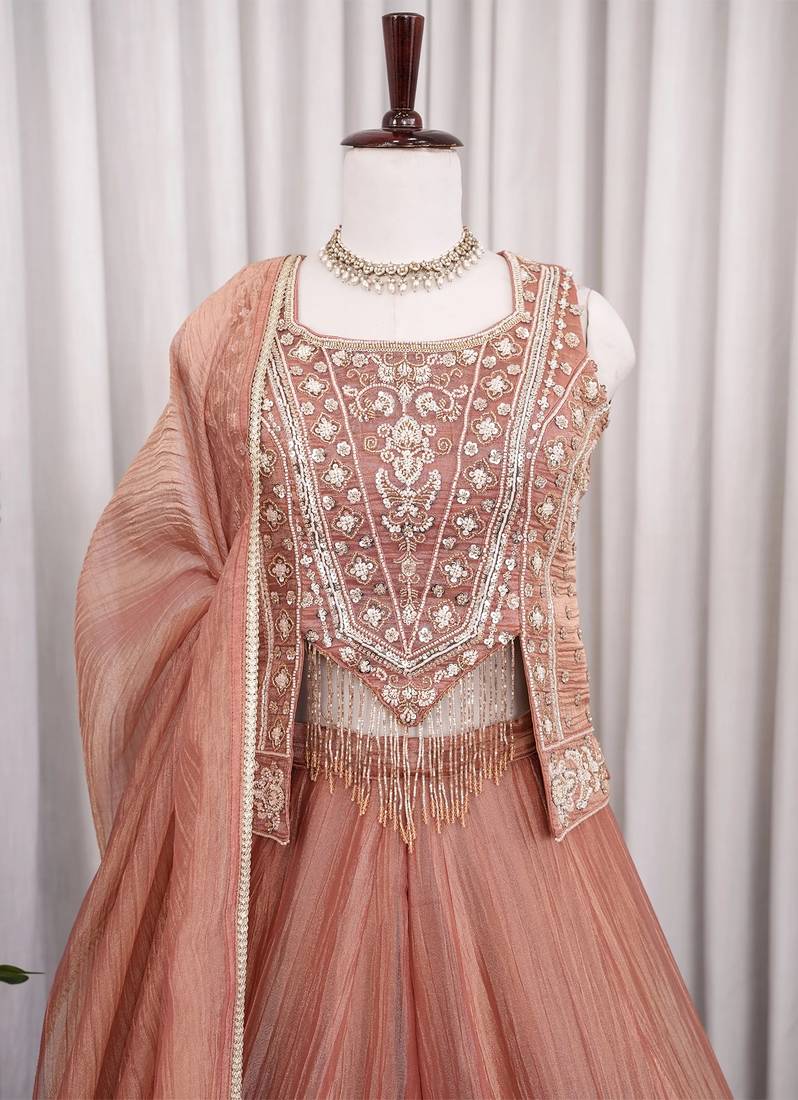 Peach salsa silk blend embroidered sharara set for wedding