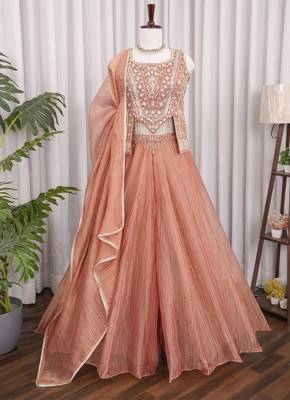 Peach salsa silk blend embroidered sharara set for wedding 3