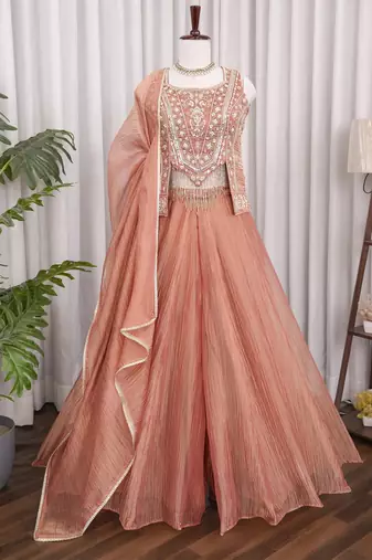 Peach salsa silk blend embroidered sharara set for wedding