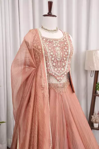 Peach salsa silk blend embroidered sharara set for wedding