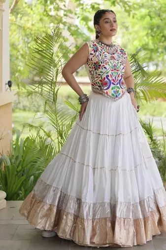 women navratri rayon lehenga choli with lampi lace & kutchi work blouse - free size