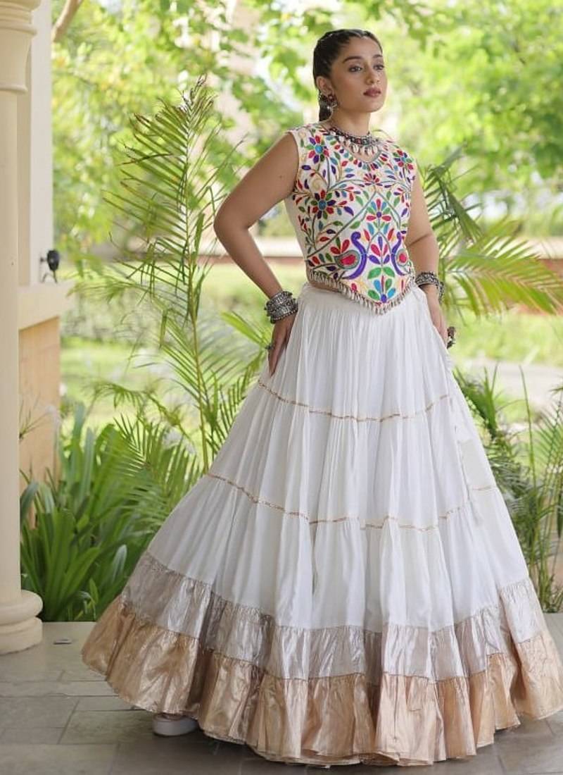 women navratri rayon lehenga choli with lampi lace & kutchi work blouse - free size