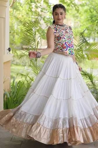women navratri rayon lehenga choli with lampi lace & kutchi work blouse - free size