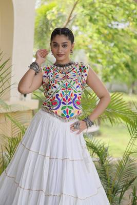 women navratri rayon lehenga choli with lampi lace & kutchi work blouse - free size 4