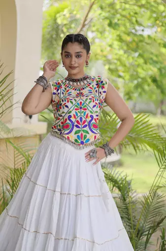 women navratri rayon lehenga choli with lampi lace & kutchi work blouse - free size