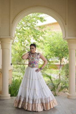 women navratri rayon lehenga choli with lampi lace & kutchi work blouse - free size 5