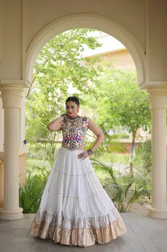 women navratri rayon lehenga choli with lampi lace & kutchi work blouse - free size