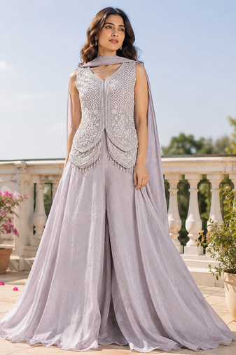 Pearl grey fendi crush embroidered sharara set for wedding