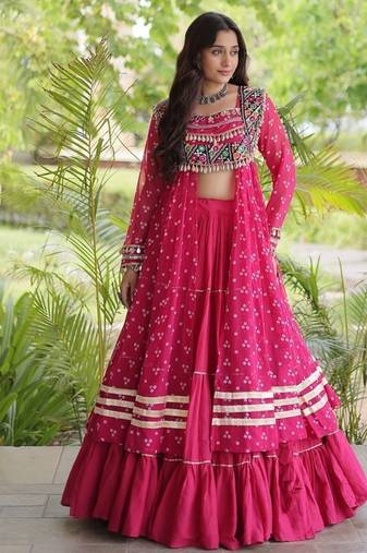 navratri cotton lehenga choli -bandhani print kurti with kutchi patchwork & flair - free size